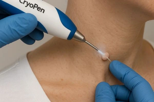 Person receiving cryotherapy Banstead for skin tag removal