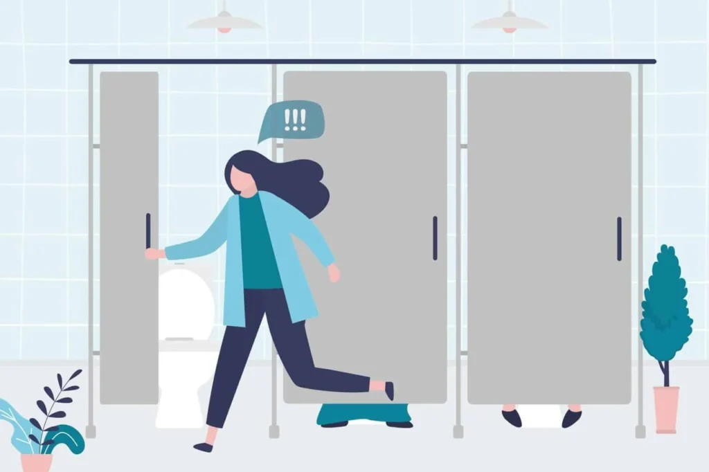 graphic of Urine incontinence Banstead woman running to the toilet.
