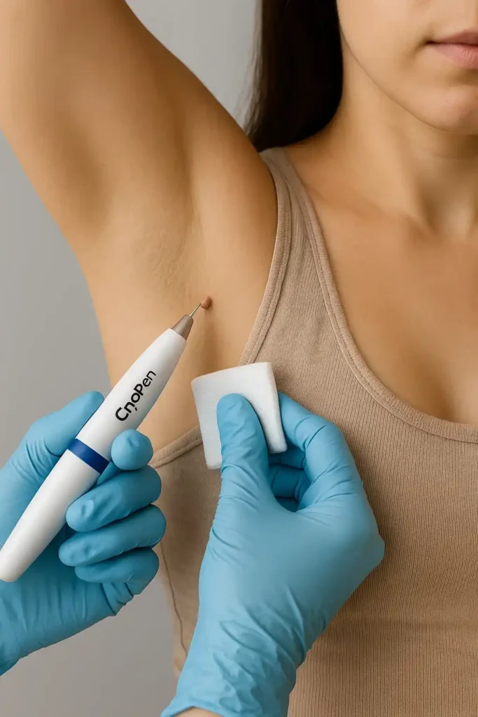 woman having cryopen to remove underarm skin tags Banstead