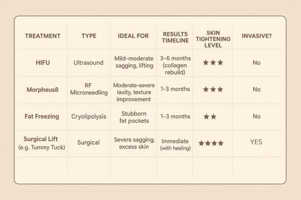 Table showing the comparisons of Skin tightening Banstead treatment options. 